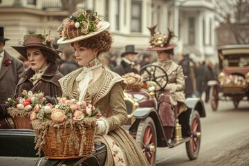 Elegant Victorian Easter Parade with Women in Period Costume and Vintage Automobiles