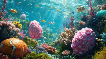 Fantastical Underwater Easter Wonderland with Colorful Eggs Amidst Coral Reefs