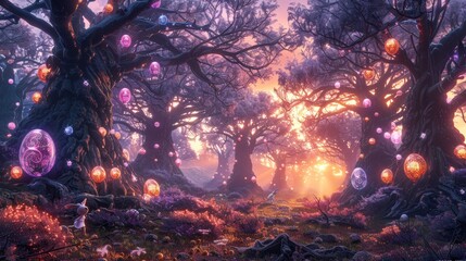 A breathtaking enchanted forest scene at twilight, with trees adorned with brightly illuminated Easter eggs, creating a fantasy world filled with wonder and magic.