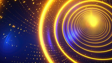 Abstract glowing circle lines on yellow+dark blue background. geometric line art design modern shiny blue lines future technology concept