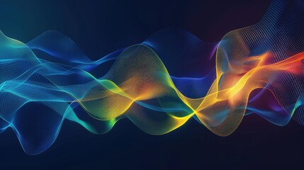 Fototapeta premium Medium sized lines, abstract glowing waveforms on a dark blue, yellow, orange, green, and blue background. Geometric line art design. modern shiny blue lines future technology concept