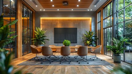 Fototapeta premium A large conference room with a projector screen.. The room is well-lit and has a modern, professional feel. The chairs are arranged around a long table
