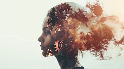 Side view of beautiful young woman with double exposure of gear brain. Concept of artificial intelligence and brainstorming. Toned image mock up