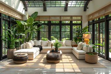 A contemporary black and white conservatory. Indoor plants interior design.