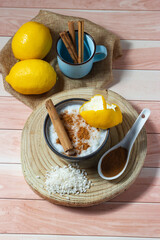 Delicious rice pudding with lemon and a touch of cinnamon. Homemade desserts. Typical Spanish pastries