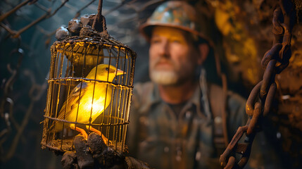 Canary in a coal mine concept, a historical mining practice to warn of dangerous conditions - obrazy, fototapety, plakaty