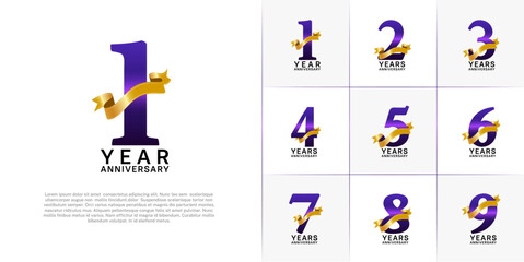 Set of Anniversary Logotype purple color with gold ribbon can be use for special day celebration