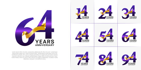 Set of Anniversary Logotype purple color with gold ribbon can be use for special day celebration