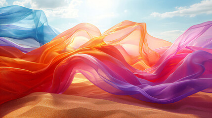 abstract background of an iridescent colored fabrics in motion in the middle of a desert