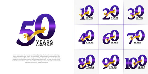 Set of Anniversary Logotype purple color with gold ribbon can be use for special day celebration