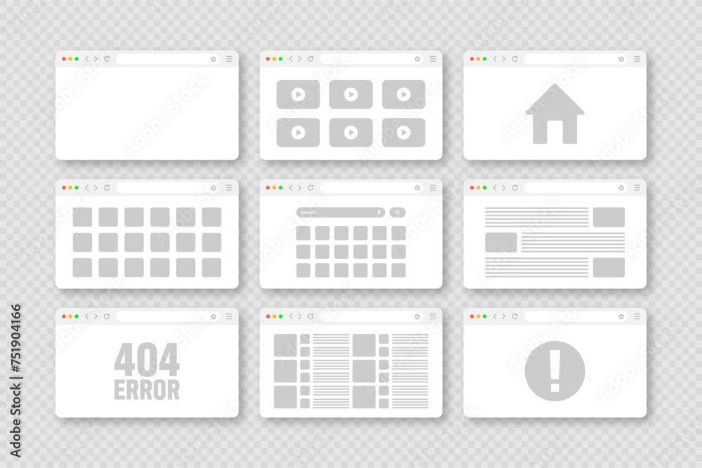 Poster web browser window, pages layout with toolbar and search field. modern website, internet page in fla