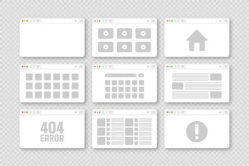 Web browser window, pages layout with toolbar and search field. Modern website, internet page in flat style. Browser mockup for computer, tablet and smartphone. Adaptive UI. Vector illustration