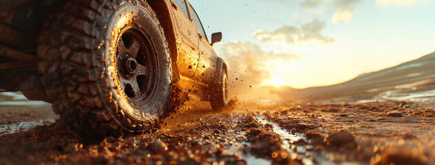 close up of a trucks wheel on a dirt road. The sun is setting in the background, casting a warm glow on the scene