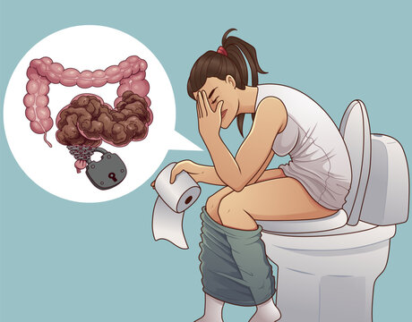 Bowel obstruction. Woman with health problems. Healthcare illustration. Vector illustration.