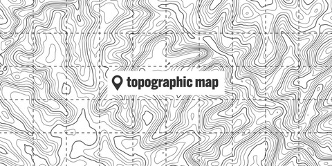 Topographic map with contour lines. Geographic terrain grid, relief height elevation. Ground path pattern. Travel and navigation, cartography design element. Vector illustration