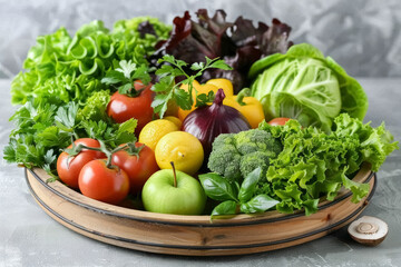 fresh assorted vegetables on wooden platter
