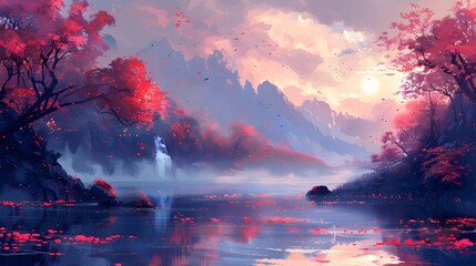 The sun rises over a mystical lake surrounded by autumn trees with red foliage, creating a tranquil reflection amidst a soft, pink-hued sky. digital art style, illustration painting. - obrazy, fototapety, plakaty