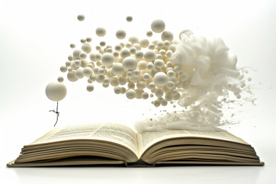 exploding knowledge, open book with abstract foam bubbles
