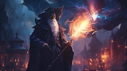 An elder wizard conjures a powerful fire spell to combat a dark mythical beast above a burning medieval city. digital art style, illustration painting.