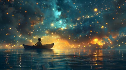 A solitary figure rows a small boat under a breathtaking starry sky with vibrant cosmic colors and reflections on water. digital art style, illustration painting. - obrazy, fototapety, plakaty