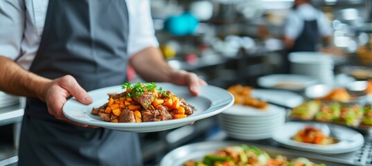 Obraz premium Waiter presenting scrumptious meat dish at glamorous event with creative text space