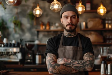 Confident tattooed barista standing in a rustic coffee shop, concept of modern entrepreneurship and alternative lifestyles - obrazy, fototapety, plakaty