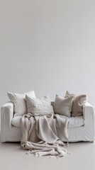 Stylish composition with a minimalist sofa as the focal point, complemented by a few minimalist accent pillows and a throw blanket, generative AI