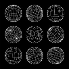 Wireframe shapes, lined sphere. Perspective mesh, 3d grid. Low poly geometric elements. Retro futuristic design elements, y2k, vaporwave and synthwave style. Vector illustration