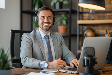 Smiling professional man in a suit wearing a headset and working on a laptop, concept of remote business communication and modern workplace.
