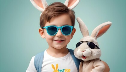 A cute kid wearing sunglasses with an easter rabbit bunny on his back, easter sale and promotional background for kid e-commerce store and social campaigns created with generative ai