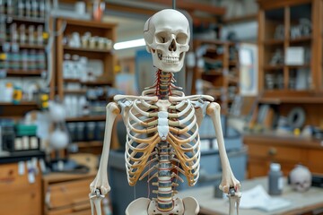 Human skeleton model displayed in a laboratory, concept of medical education and anatomical study