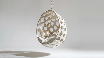 Hanging Chair with Geometric Design, A cocoon-like hanging chair suspended from the ceiling with geometric, overlapping panels made of translucent woven wood, generative AI