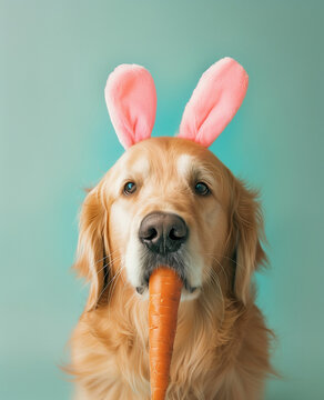 golden retriever dog easter bunny  with carrot in its mouth.Minimal creative Minimal creative food and  Easter fashion editorial concept.Copy space,top view.Trendy social mockup or wallpaper 