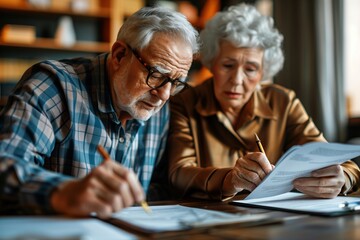 Senior couple reviewing financial documents together, concept of retirement planning and financial security - obrazy, fototapety, plakaty