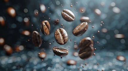 Premium roasted coffee beans levitating on a dark background for coffee enthusiasts and cafes.