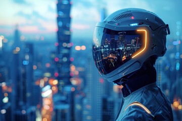 Futuristic helmet with cityscape reflection, concept of advanced technology in urban life and virtual reality - obrazy, fototapety, plakaty
