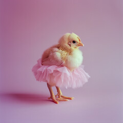 Chick with a pink skirt.Minimal creative Easter holiday advertise concept.Copy space,top view,generative AI
