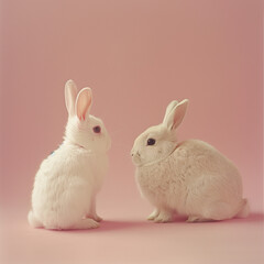 Obraz premium white rabbits on the floor.Minimal creative Easter advertise concept.Copy space,top view.Generative AI