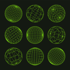 Wireframe shapes, lined sphere. Perspective mesh, 3d grid. Low poly geometric elements. Retro futuristic design elements, y2k, vaporwave and synthwave style. Vector illustration