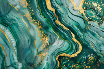Liquid texture with marble pattern emerald green, black and gold colour