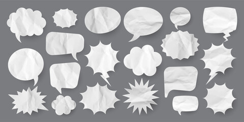 Crumpled paper comic speech bubbles. Hand drawn retro cartoon stickers. Pop art style. Old, vintage dialog boxes with cardboard texture. Vector illustration