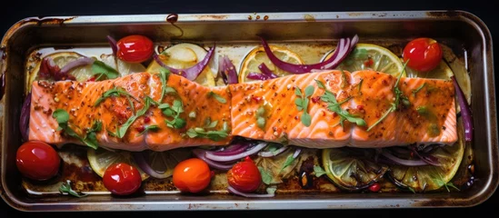 Foto op Canvas A pan on a table filled with baked salmon fillet coated in chili honey marinade and a variety of colorful and nutritious vegetables. © pngking