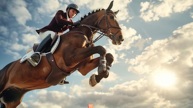 Equestrian rider executing precise jump, displaying athleticism and skill in competitive sport.