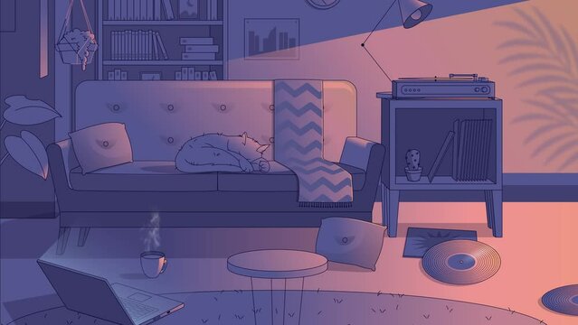 Lofi Music Peaceful Anime Calm solitude Room indoor 4K Animated Background Loop