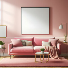 Beautiful Luxurious Spacious Modern Contemporary Living Room Interior Composition with Pink Sofa with Soft Pillows, Wooden Coffee Table, Plant and Empty Light Pastel Pink Wall Mock-up for Poster Space