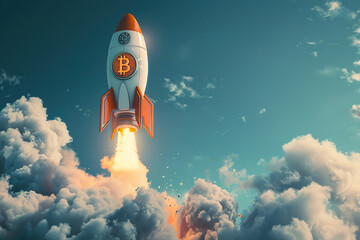 Bitcoin logo rocket launcher, cryptocurrency concept. The growth rate of the gold coin