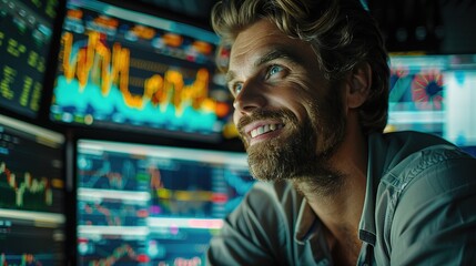 Obraz premium Busy working day. Young bearded trader in eyeglasses working with laptop