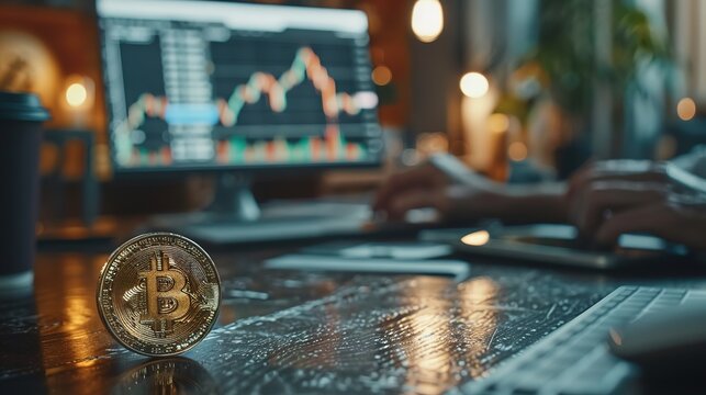 Golden Bitcoin coin on the laptop keyboard. stock market graph. Trading concept