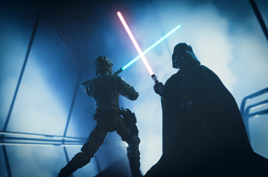 NEW YORK USA, MAR 10 2024: recreation of a scene from Star Wars The Empire Strikes Back with Jedi Luke Skywalker battling Sith lord Darth Vader in the carbonite freezing chamber on Bespin - Hasbro