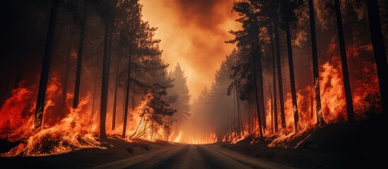 The forest is ablaze with roaring flames engulfing numerous trees in a dramatic scene of destruction and danger. The raging fire spreads rapidly, causing chaos and devastation in its path.